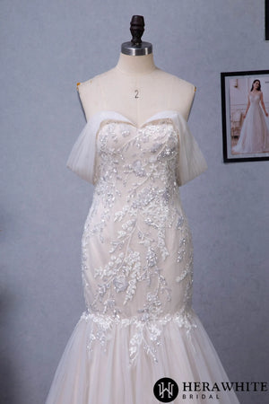 Off-the-Shoulder Mermaid Chapel Train Sequined Tulle Wedding Dress