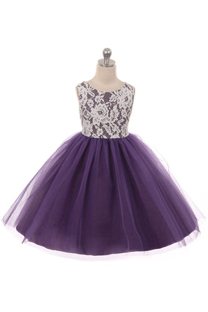 Lace Illusion Girls Dress With/Without 3 Mesh Flowers: No / Aqua / 4