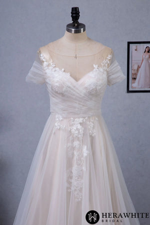 Romantic Off the Shoulder Illusion Pleated Bodice Tulle Bridal Gown