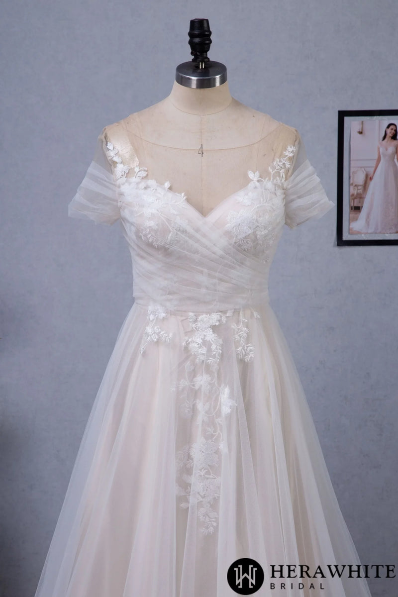 Romantic Off the Shoulder Illusion Pleated Bodice Tulle Bridal Gown