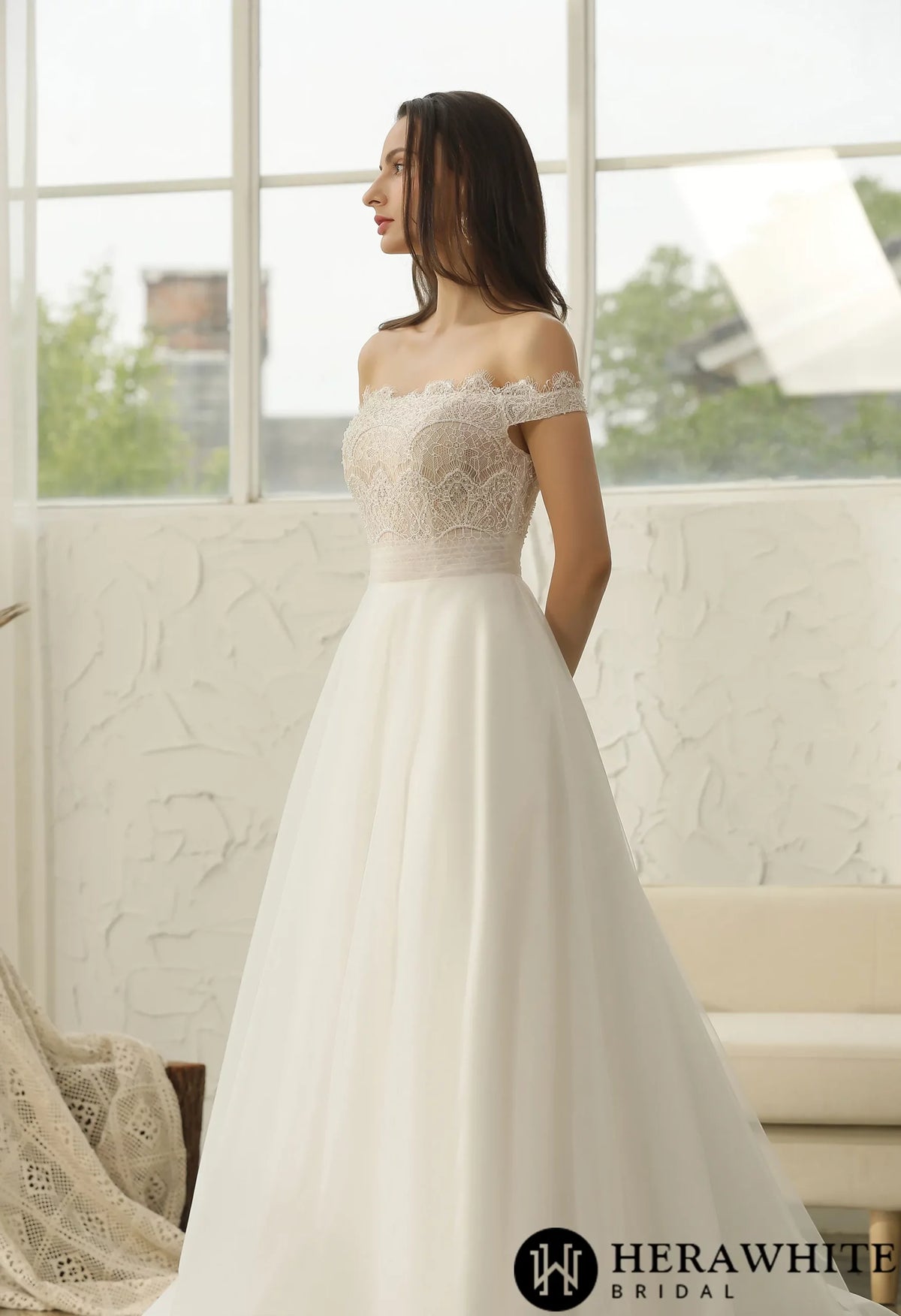 Off-The-Shoulder  Beading Lace Pleating Wholesale Wedding Dress