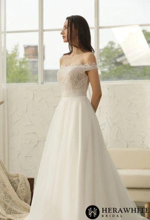 Off-The-Shoulder  Beading Lace Pleating Wholesale Wedding Dress
