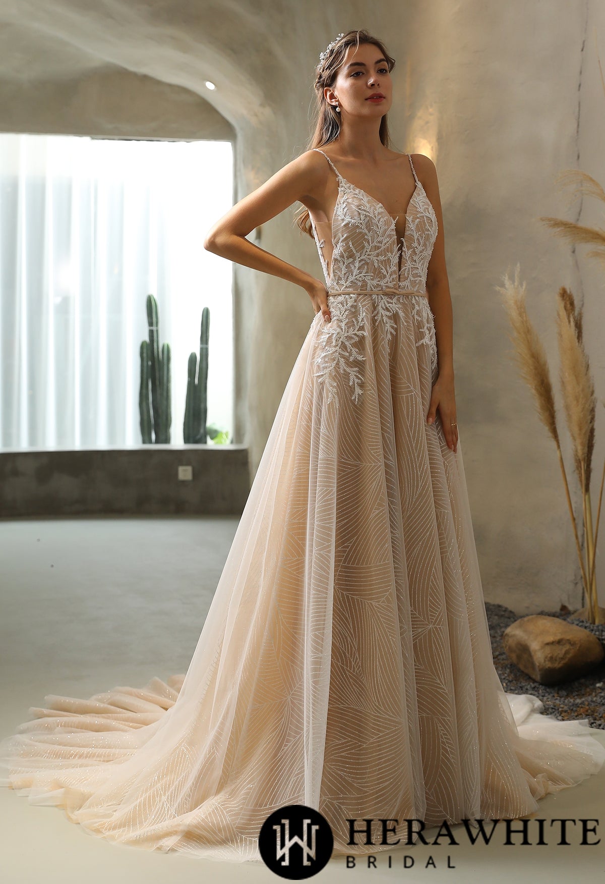 Shimmery Sequined Lace A-line Wedding Dress With Long Train