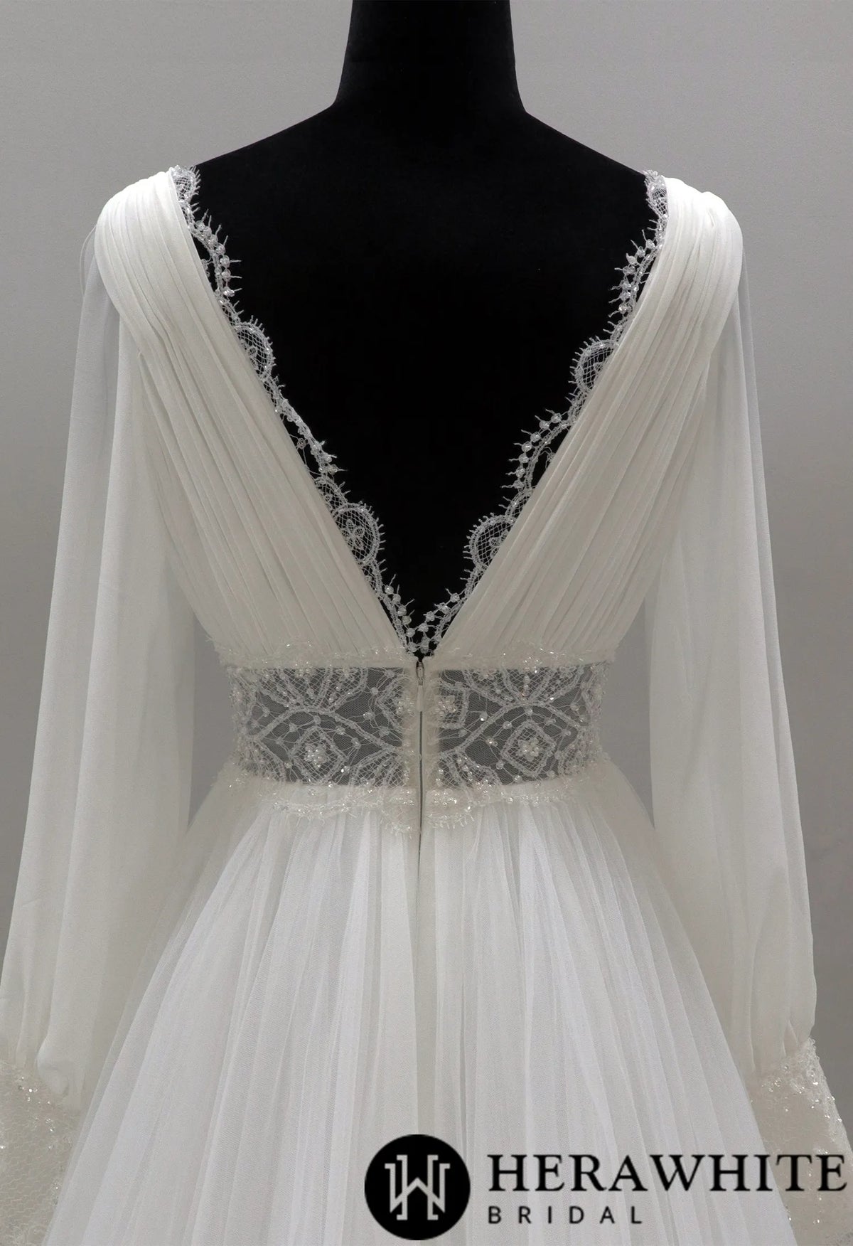 Plunging V-neck Long Sleeves Tulle Wedding Gown