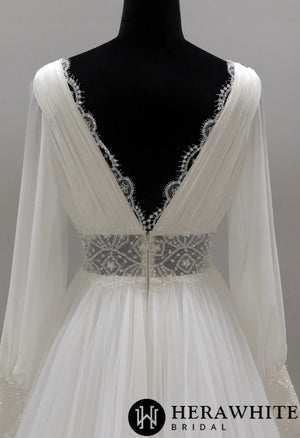 Plunging V-neck Long Sleeves Tulle Wedding Gown