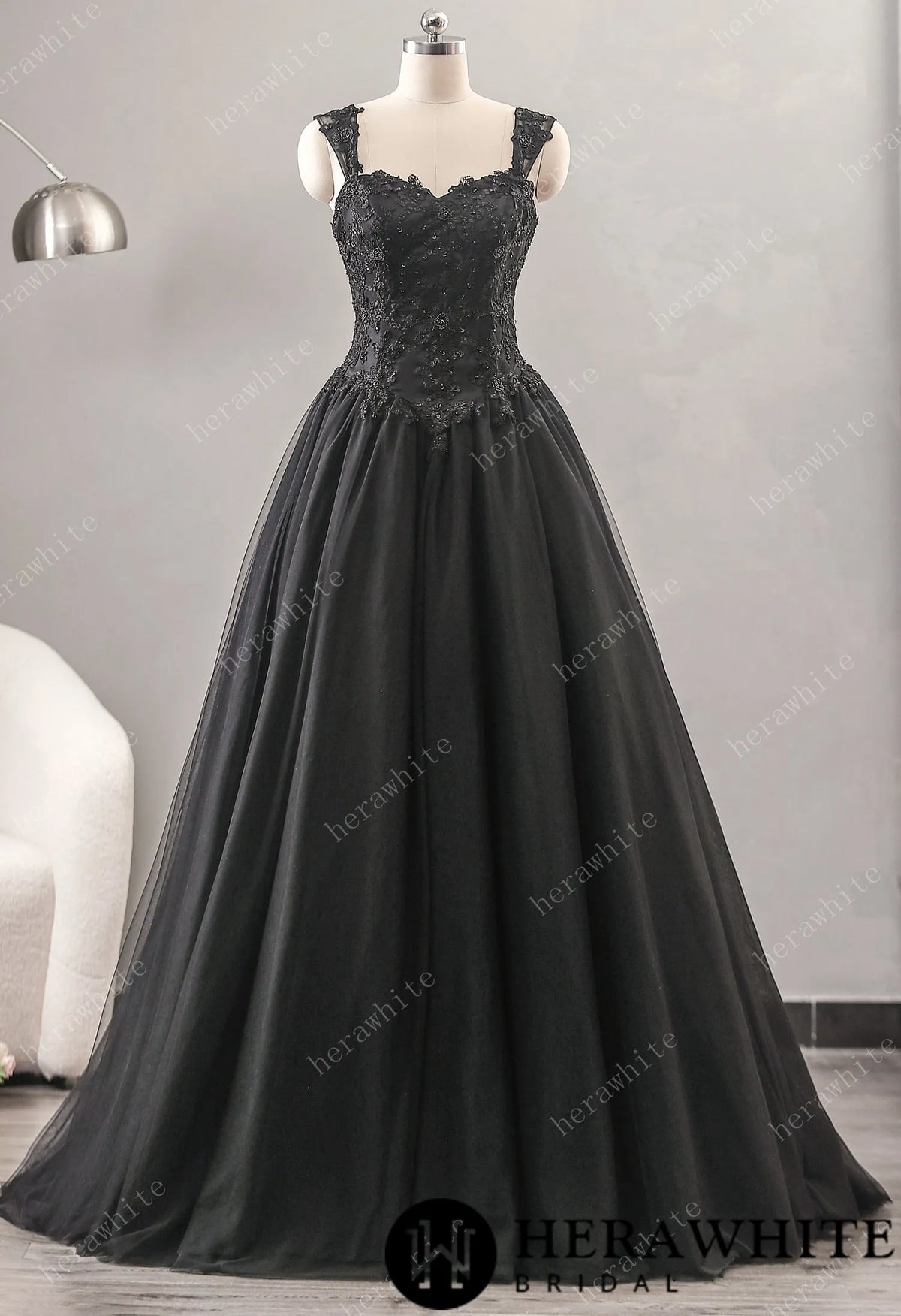 Relaxed A-Line Black Wedding Dress With Detachable Cape