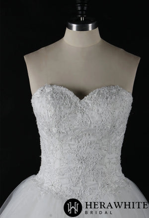 Strapless Beaded Lace Ball Gown With Corset Bodice