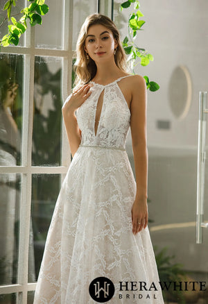 Halter Neckline Lace Bridal Gown With Crisscross Back