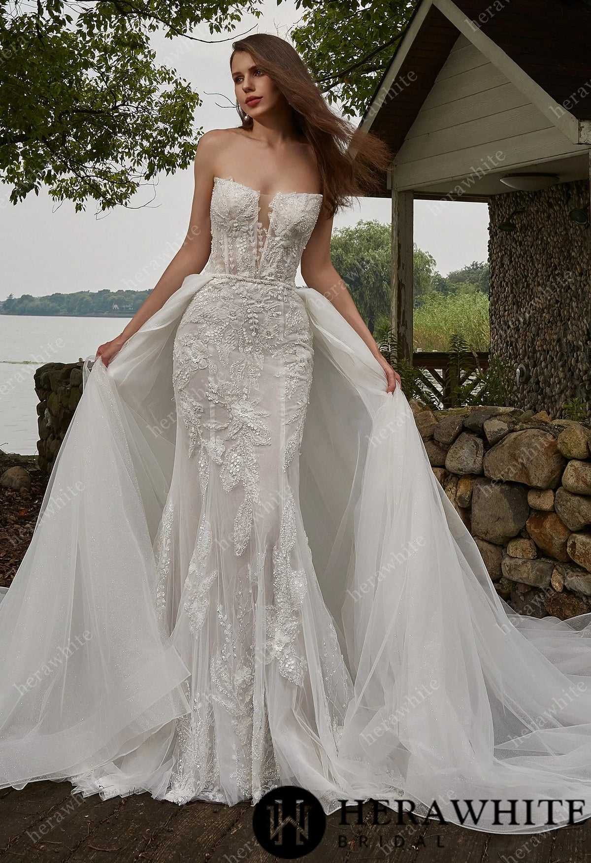 Beaded Sequins Lace And Detachable Overskirt Wedding Dress