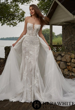 Beaded Sequins Lace And Detachable Overskirt Wedding Dress