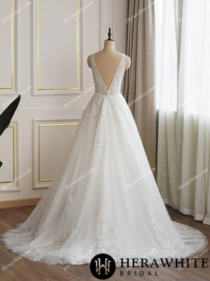 Plunging V Neckline Lace Ball Gown Bridal Dress