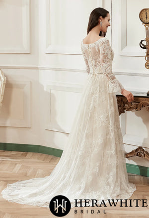 A-Line V-neck Chapel Train Lace Wedding Dress With Flare Long Sleeve