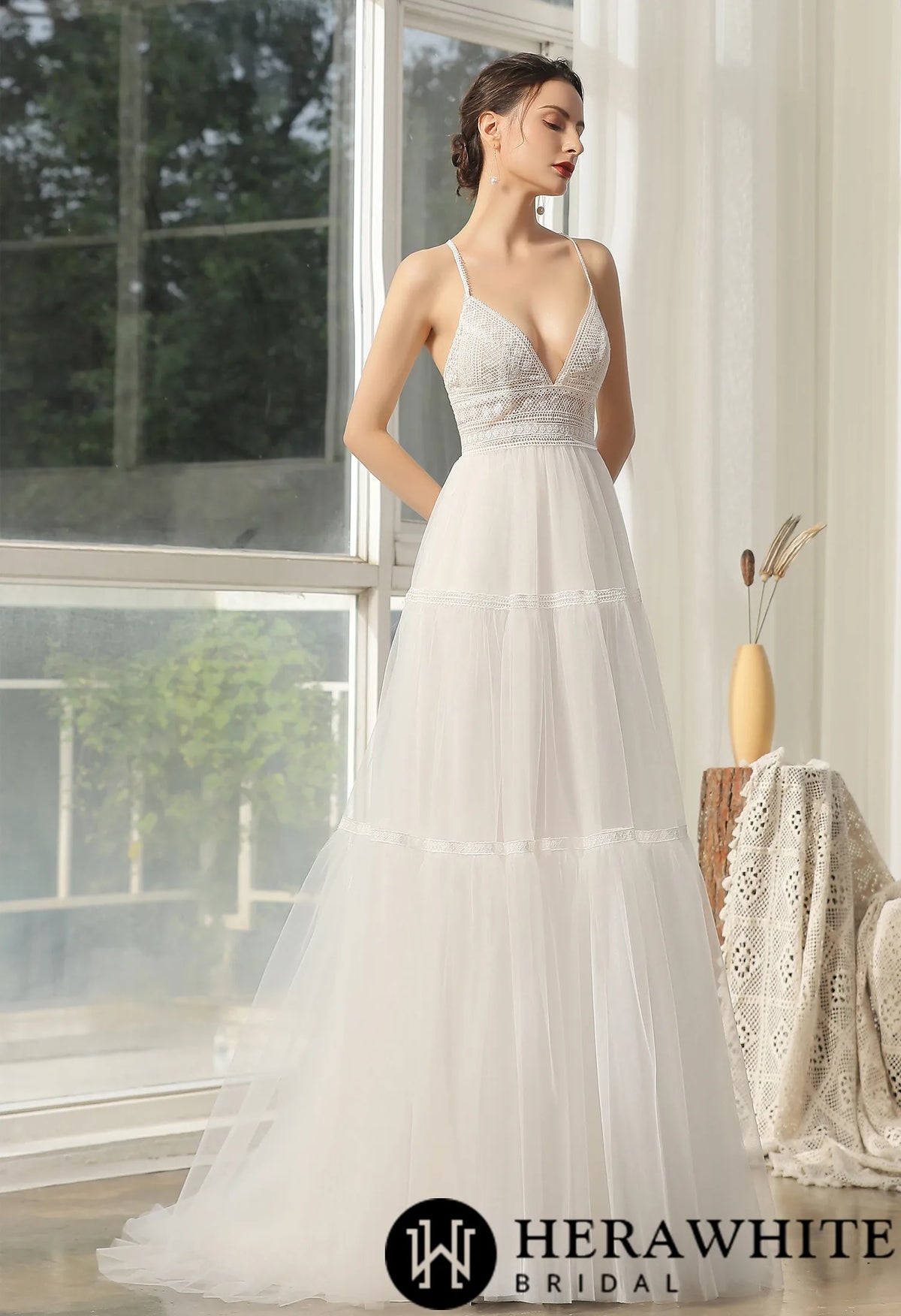 Bohemian Lace Wedding Dress With Criss-Cross Back