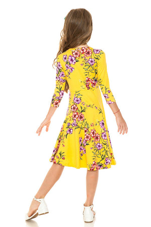 Girl's Princess Seam A-Line Dress with Full Skirt: MUSTARD FLORAL / M (7/8Y)