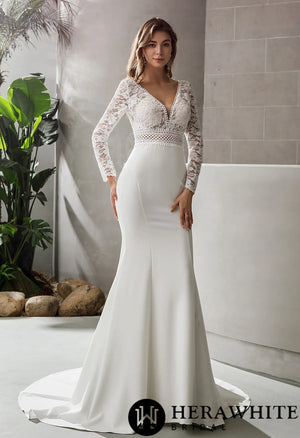 Long Sleeve Plunging V-neck Crepe Wedding Dress