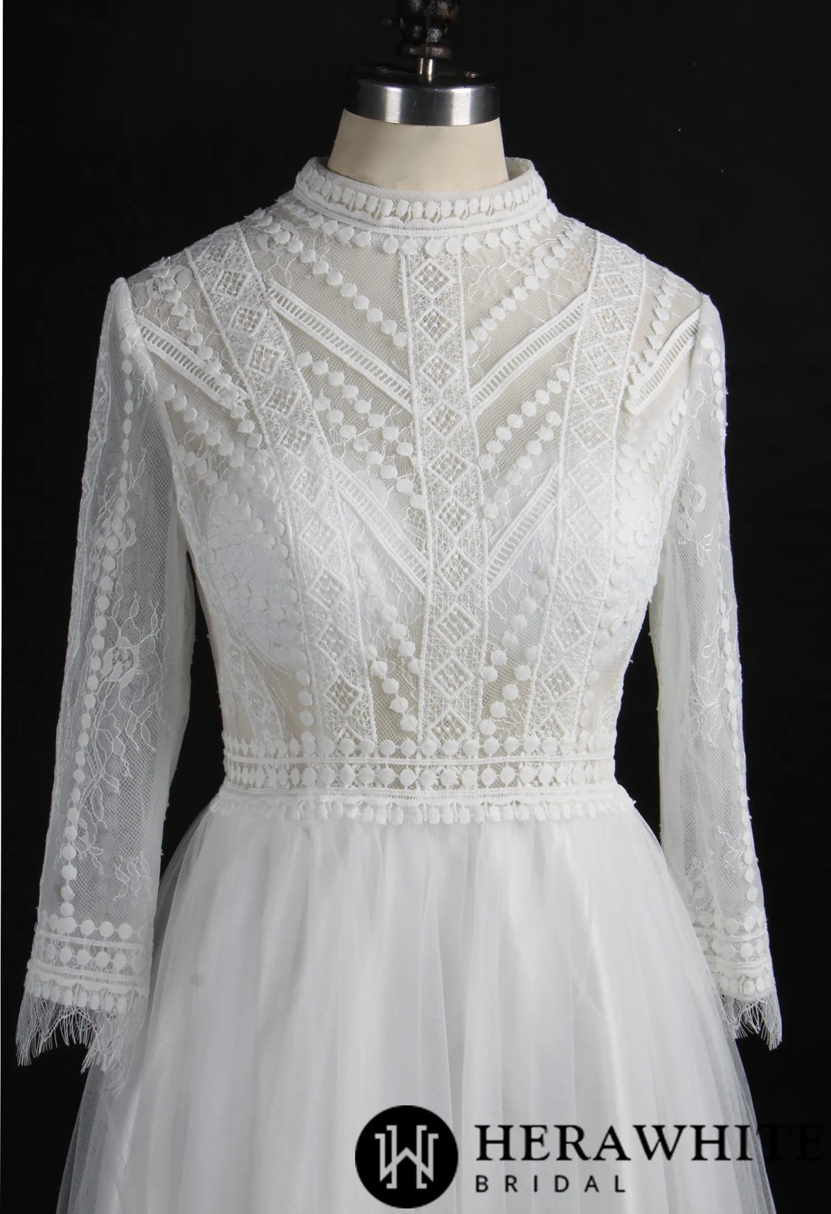 Flowy Long Sleeve High Neck A-Line Wedding Dress