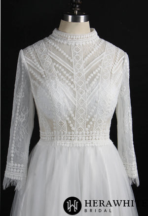 Flowy Long Sleeve High Neck A-Line Wedding Dress