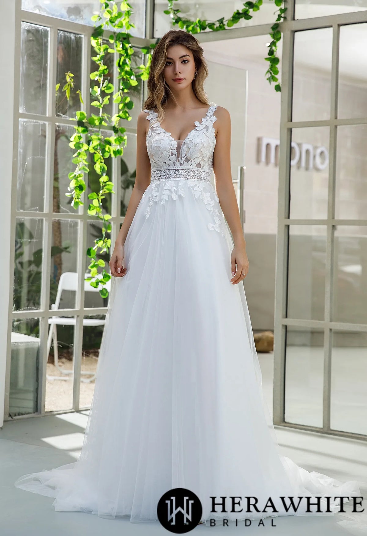 Inspired Lace A-line Wedding Dress With Slit Tulle Skirt