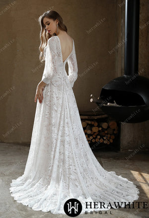 Unique Plunging V-neck Lace Bohemian wedding gown