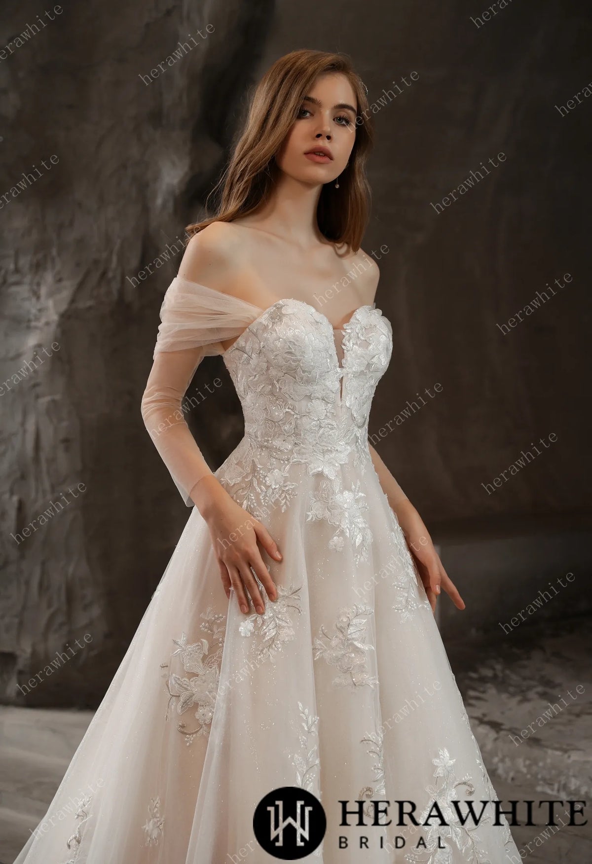 Off-the-Shoulder Romantic Wedding Ball Gown with Glamorous Floral Motifs