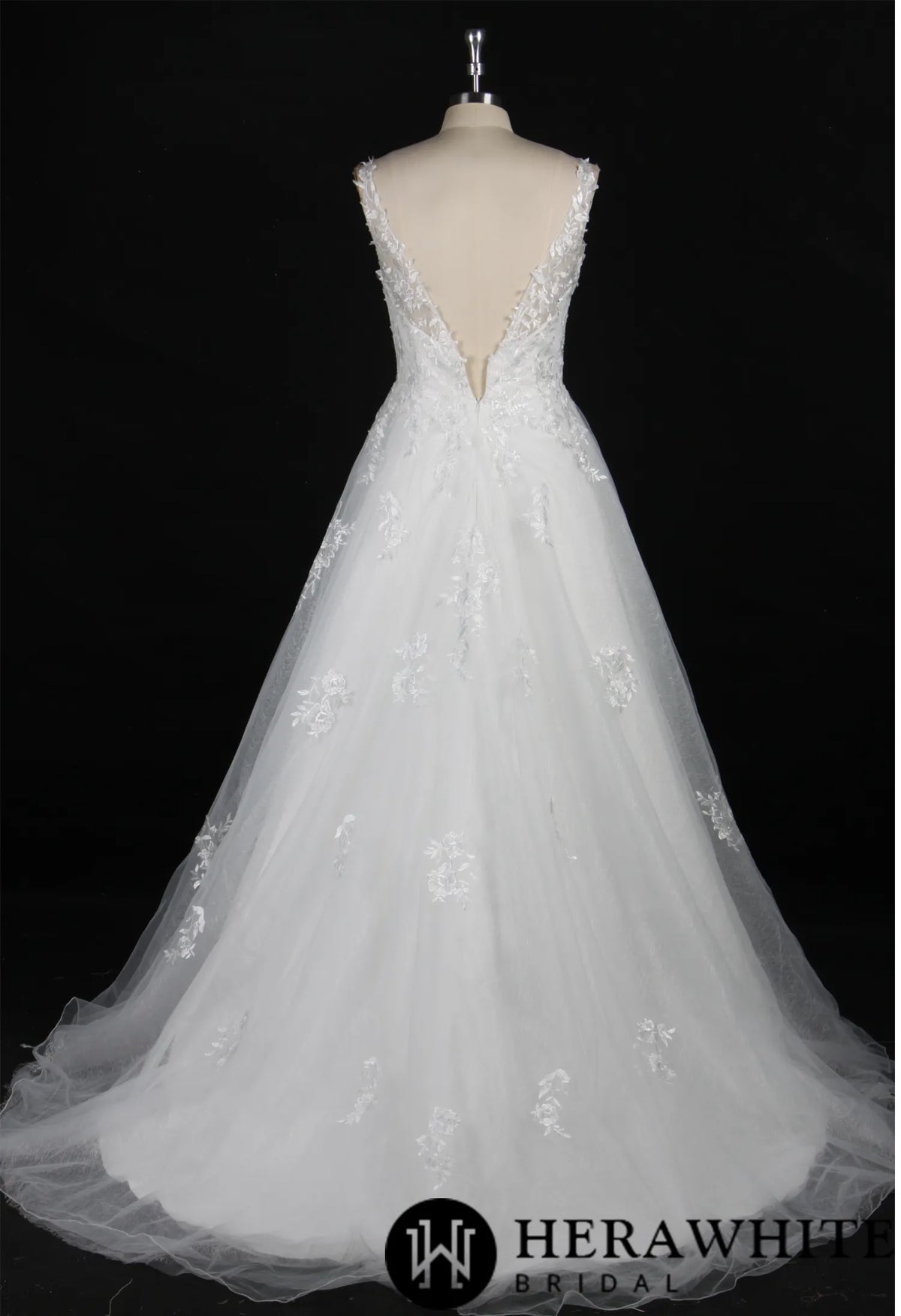 Embroidered Tulle Wedding Dress With A-Line Silhouette and V-Neck