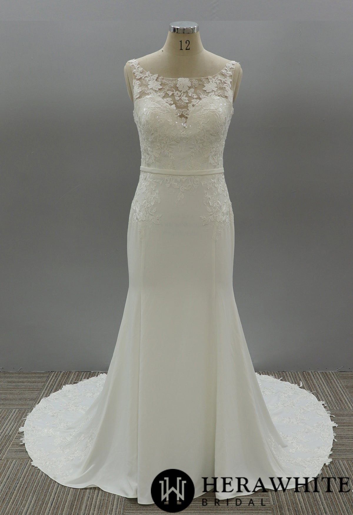 Illusion Hign Neckline Wedding Dress with Crepe Skirt