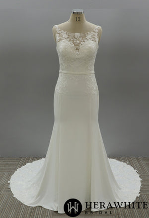 Illusion Hign Neckline Wedding Dress with Crepe Skirt
