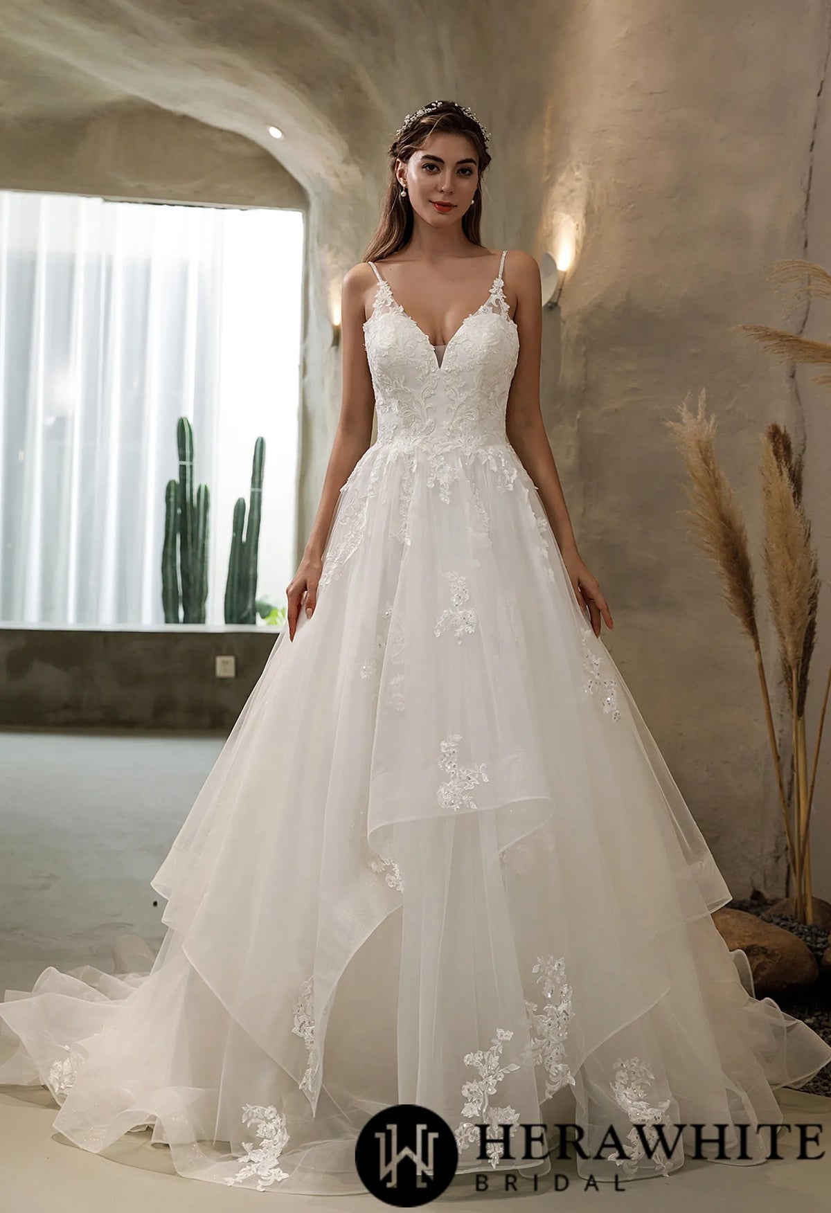 Ethereal Floral Lace Wedding Dress with Tiered Tulle Skirt