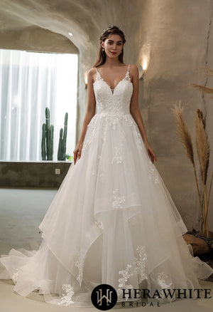 Ethereal Floral Lace Wedding Dress with Tiered Tulle Skirt