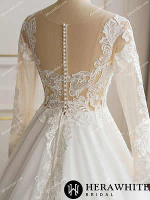 Illusion Neckline Long Sleeve Lace with Pearl Buttons Bridal Gown