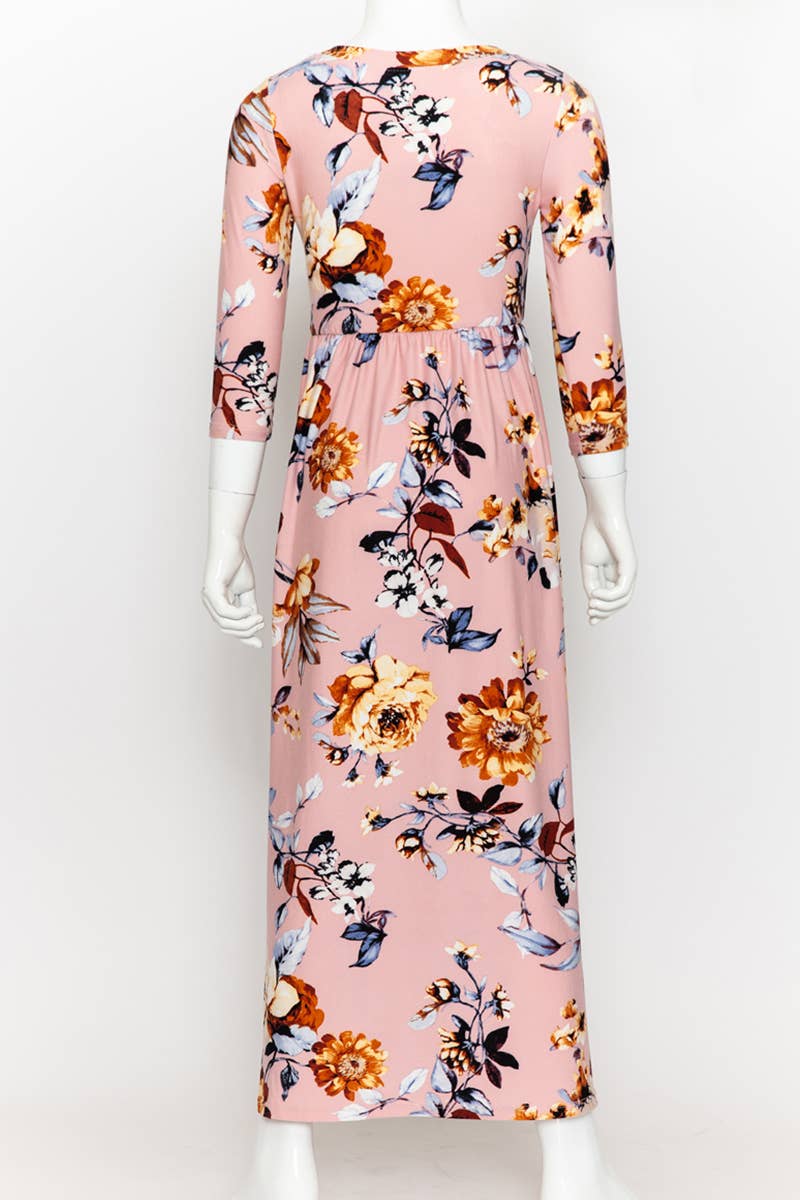 Girls Fit and Flare Floral Maxi Dress: FLORAL ORANGE / M