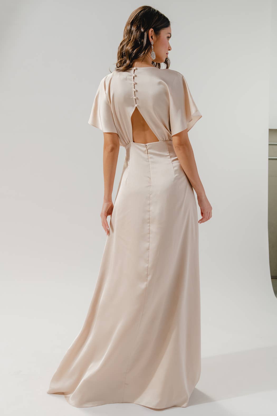 Darling Flutter Sleeve Cut Out Satin Maxi Dress: Black / M