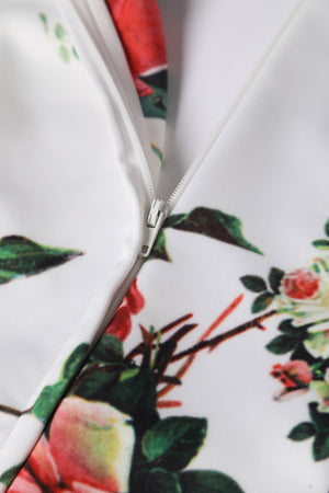 Off Shoulder Flared Pocket Dress White Pink Yellow Roses
