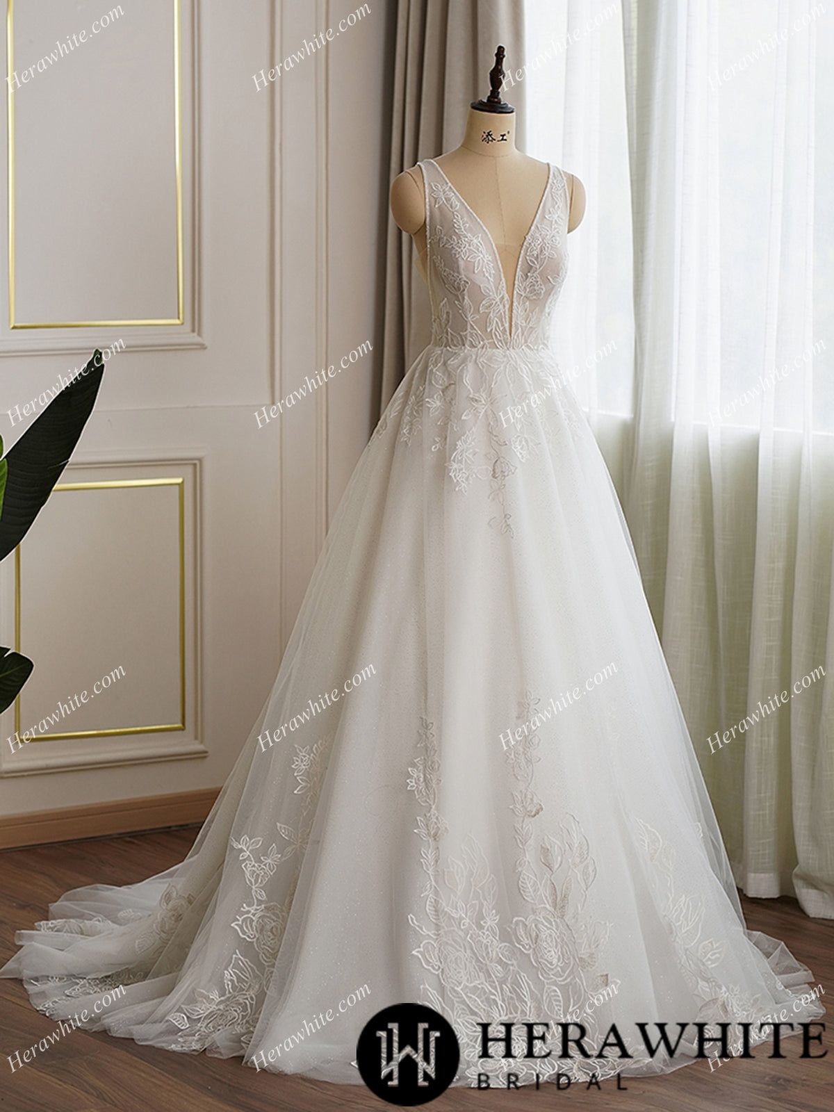 Plunging V Neckline Lace Ball Gown Bridal Dress