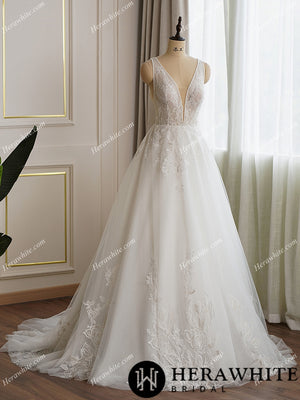 Plunging V Neckline Lace Ball Gown Bridal Dress