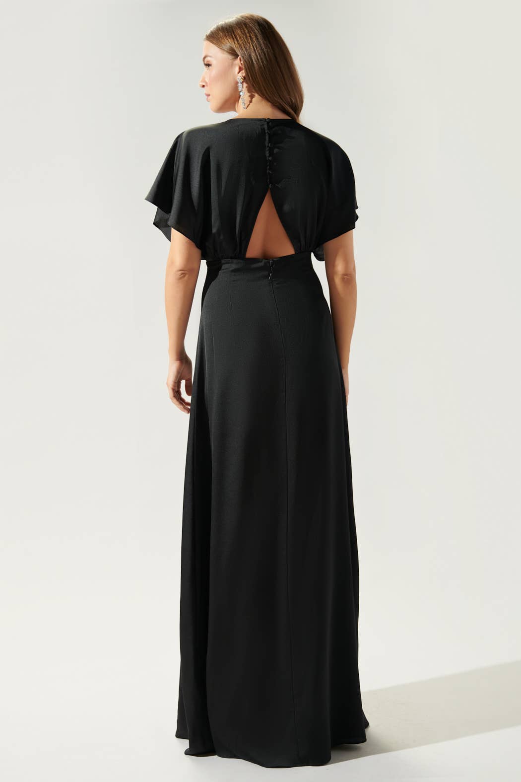 Darling Flutter Sleeve Cut Out Satin Maxi Dress: Black / XL