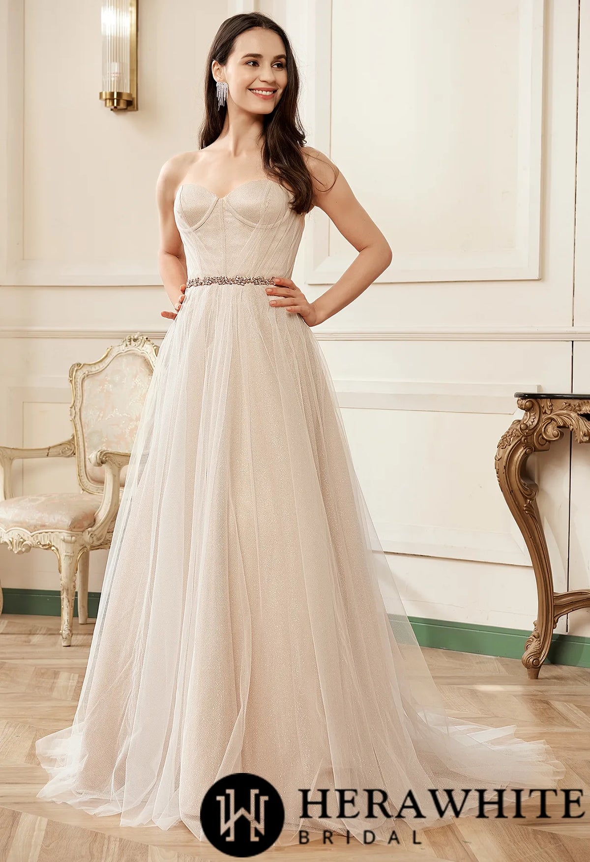 Shimmer Pink Nude Sweatheart Corset Sparkle Tulle Bridal Gown