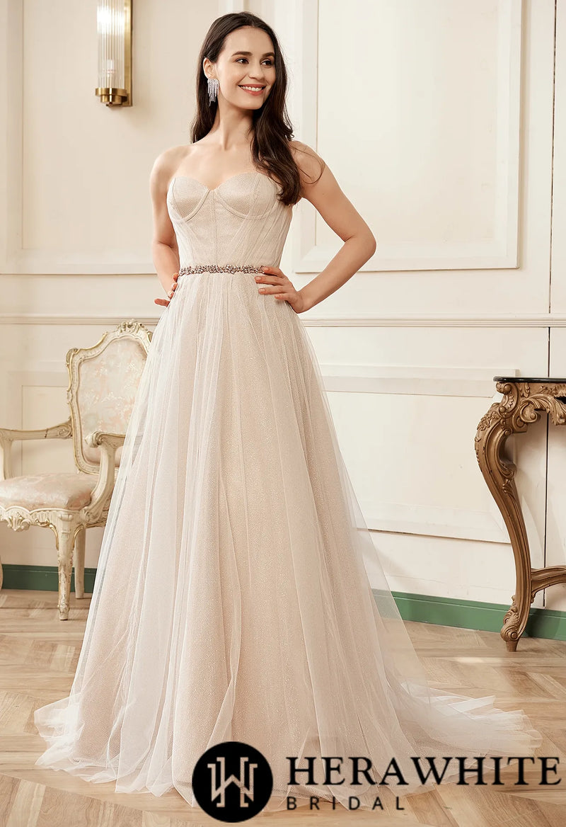 Shimmer Pink Nude Sweatheart Corset Sparkle Tulle Bridal Gown