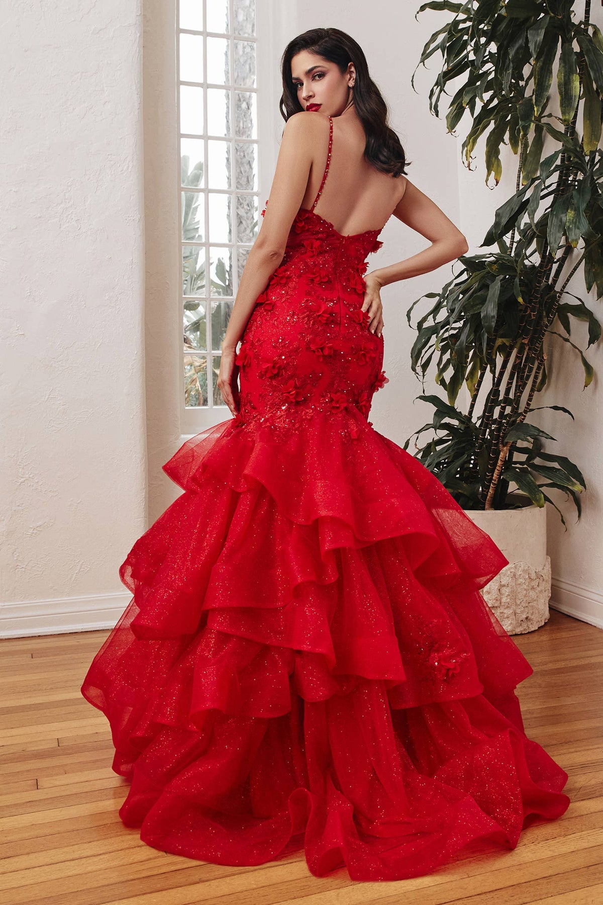 RED MERMAID TIERED FLORAL GOWN
