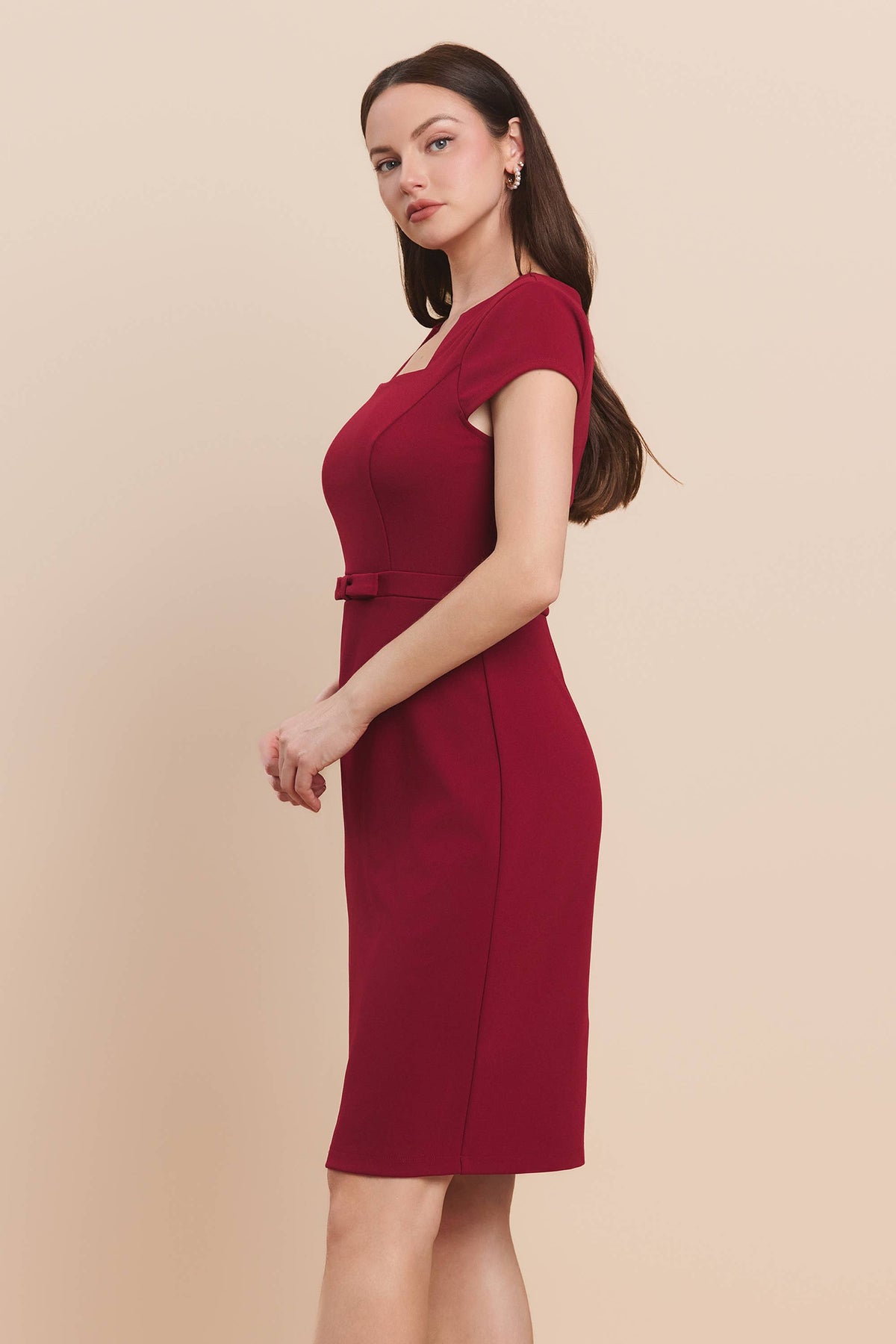 17557 Square neck ribbon waist slim scuba mini dress