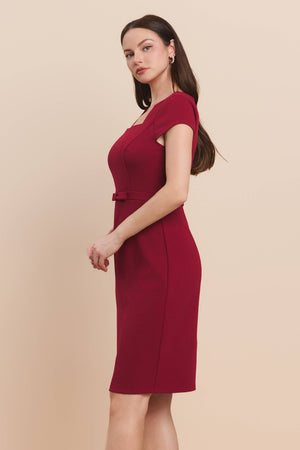 17557 Square neck ribbon waist slim scuba mini dress