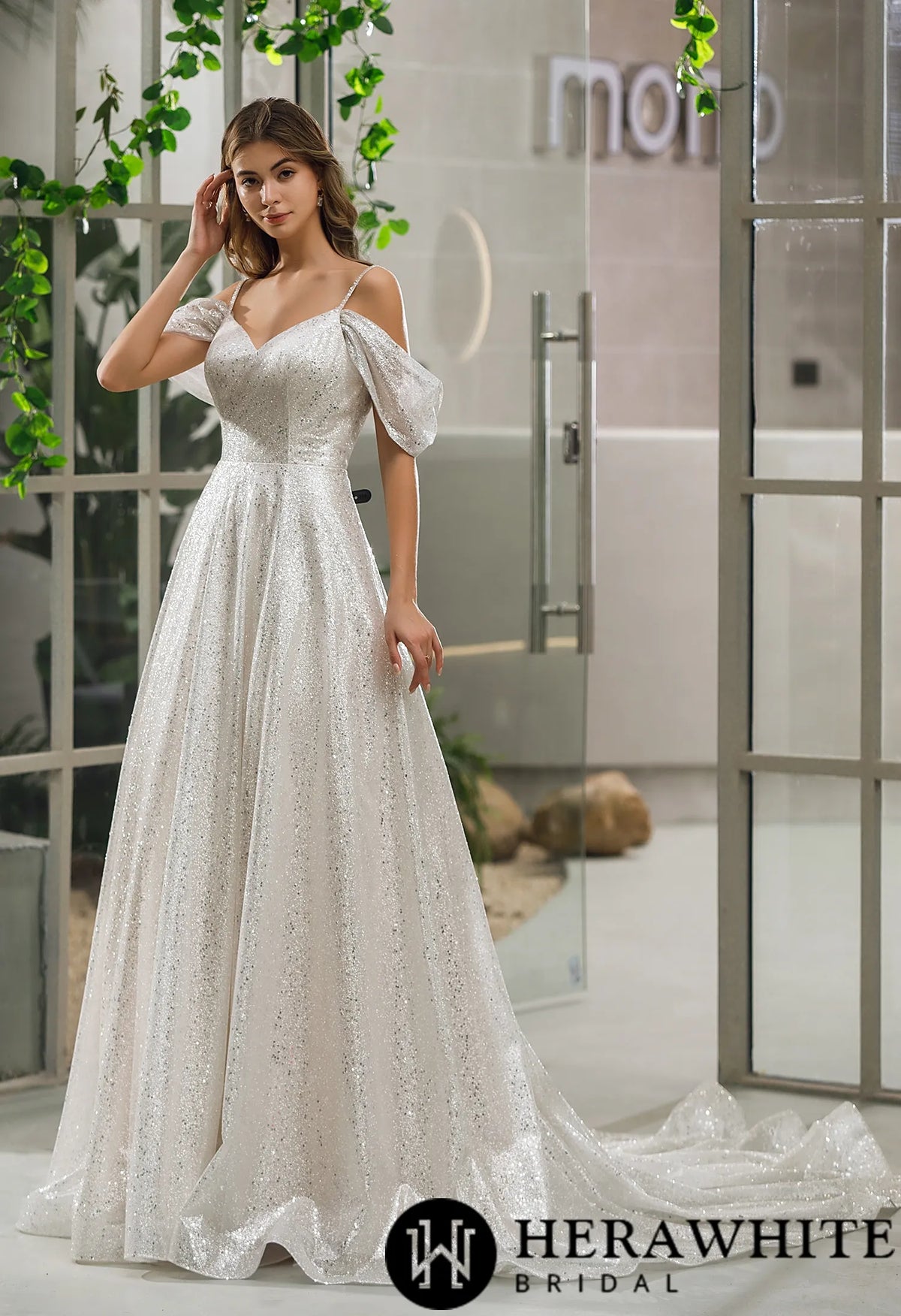 Shimmery Sequined Off-the-shoulder A-line Bridal Gown