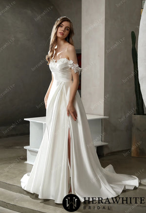 Satin Off-the-shoulder A-line Bridal Gown with Slit Skirt