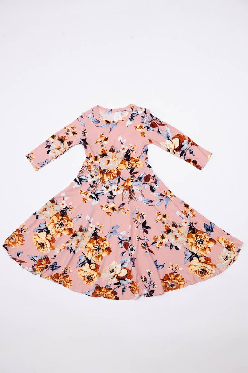 Girl's Princess Seam A-Line Dress with Full Skirt: MUSTARD FLORAL / L (9/10Y)
