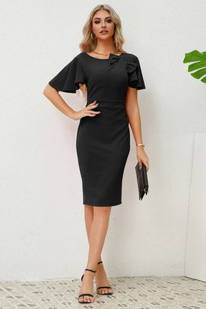 CWDMD1471_U-NECK RUFFLE SLEEVE SLIM FIT DRESS