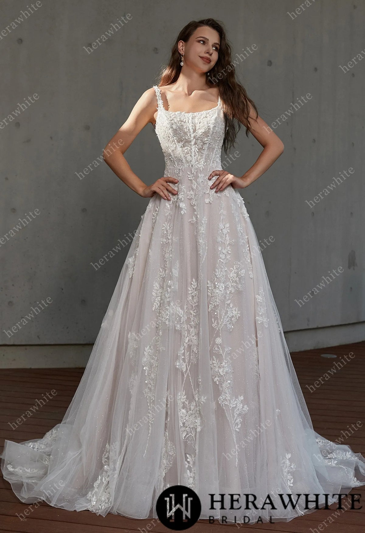 Square Neckline Delicate Bead Lace Wedding Dress