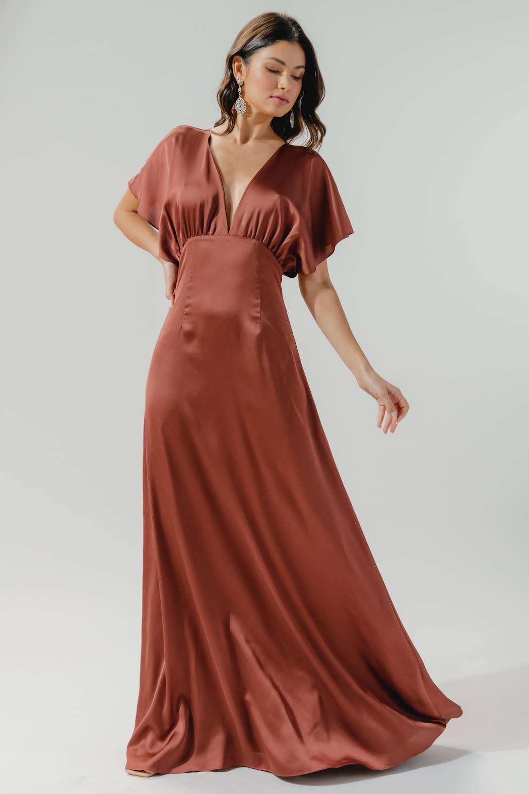 Darling Flutter Sleeve Cut Out Satin Maxi Dress: Black / XS
