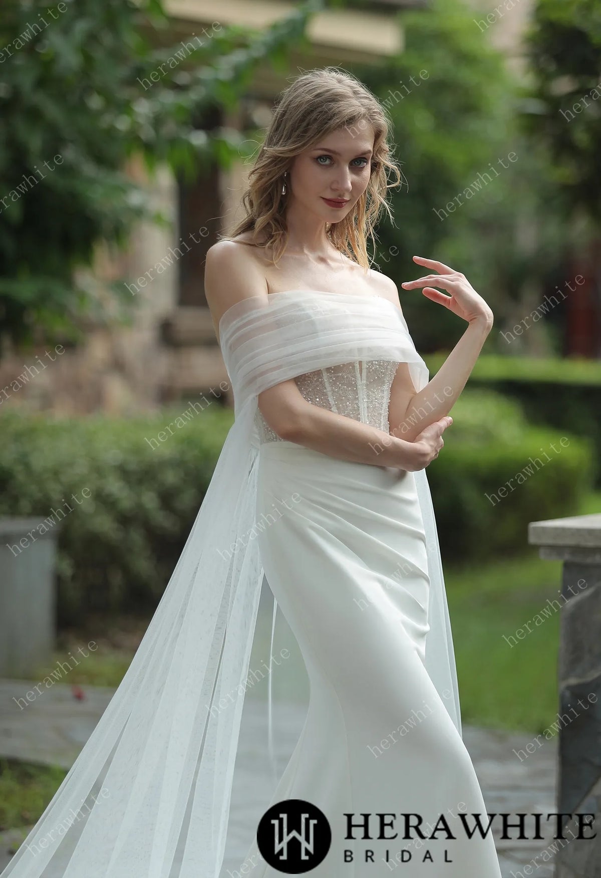 Plunging V-neck Beaded Crepe Fit And Flare Wedding Dress