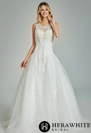 Elegant A-Line Sheer Back Bridal Gown With Appliques
