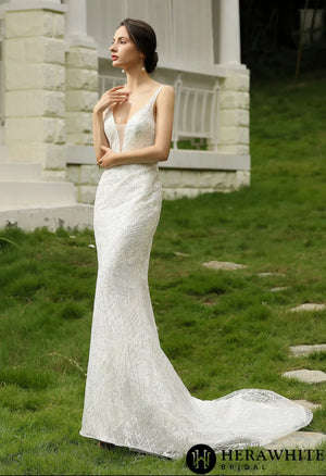 Glittery Fitted  Wedding Dress With Deep V Neckline